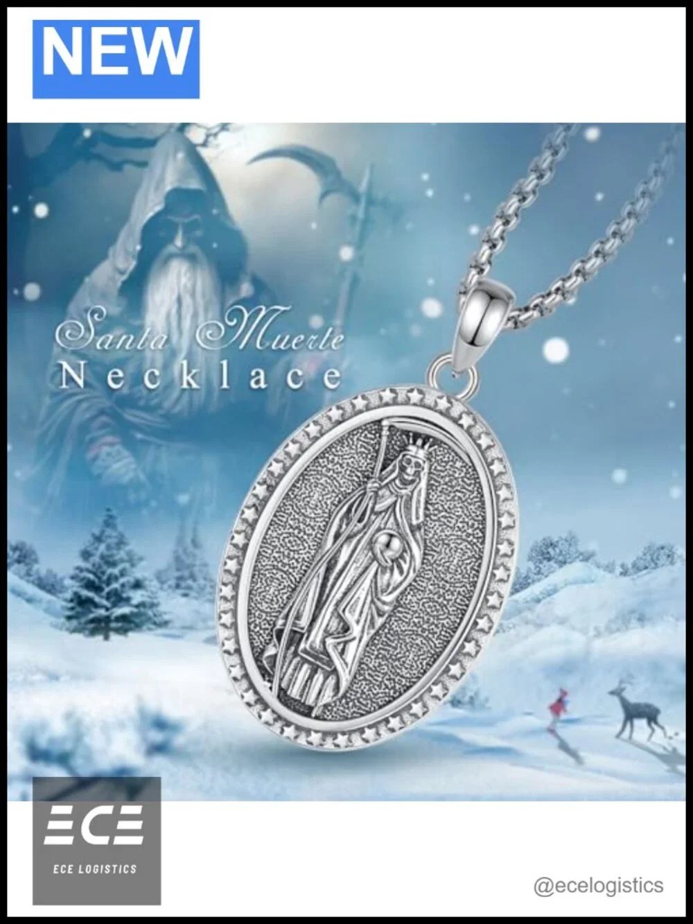 925 Sterling Silver Santa Muerte Pendant Necklace Grim Reaper 24